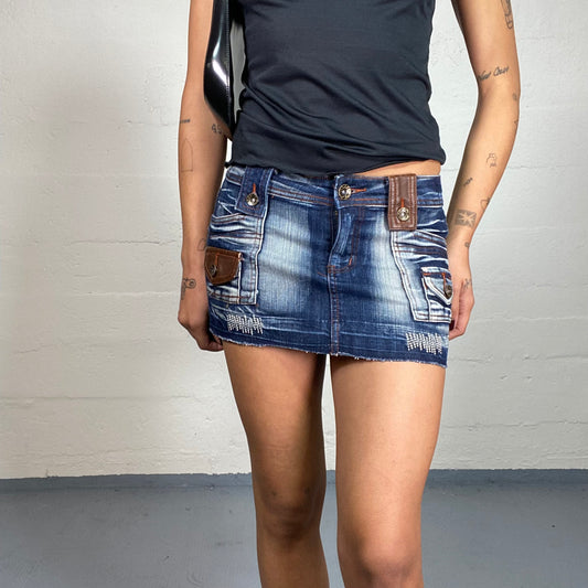 Vintage 2000's Archive Dark Acid Wash Denim Mini Skirt with Leather Details (S)