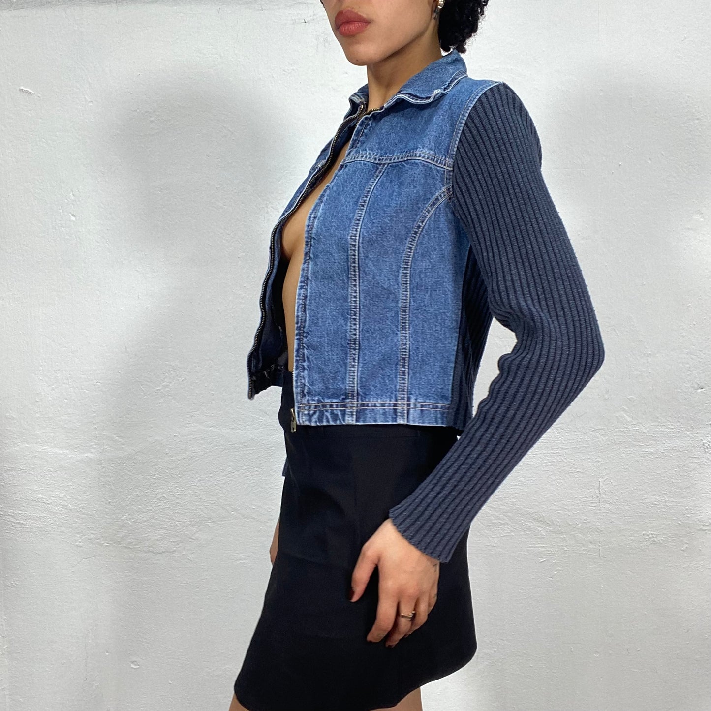 Vintage 90's Downtown Girl Denim Jacket with Blue Ribbed Knit Sleeves (S)