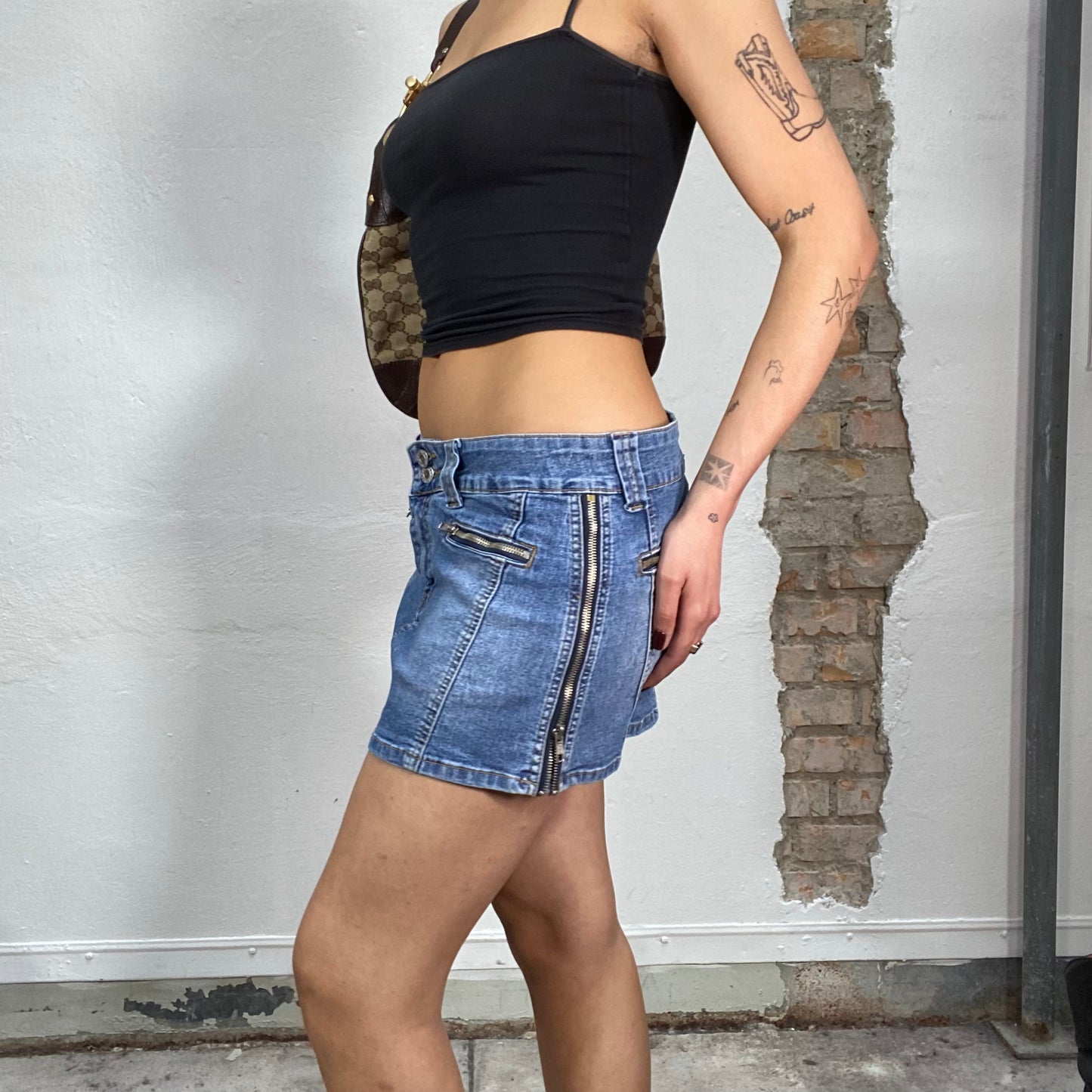 Vintage 2000's Sleaze Denim Mini Skirt with Zipper Details (S)