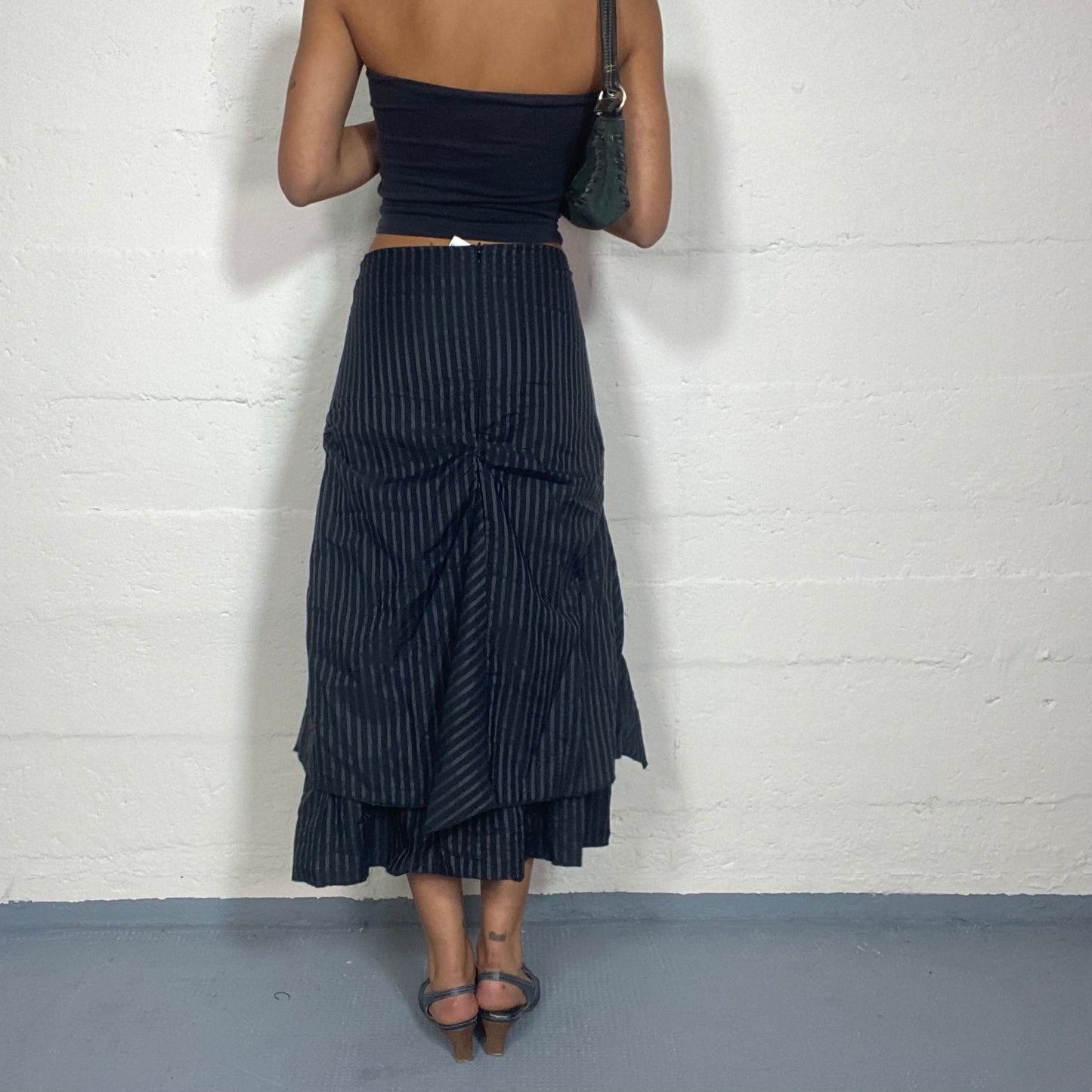 Vintage 2000's Cyber Black Maxi Skirt with Pinestripes and Layered Deconstructed Cut (S)