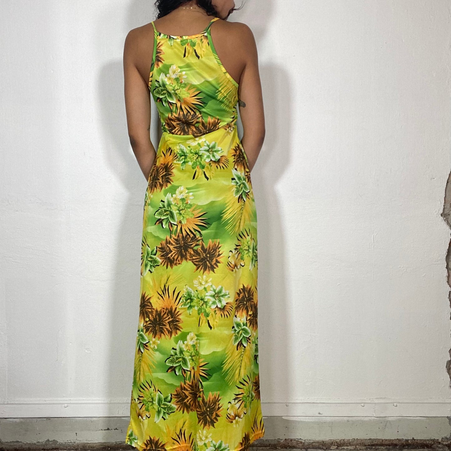 Vintage 2000's Summer Yellow Maxi Dress with Tropical Palm Trees Print (M)