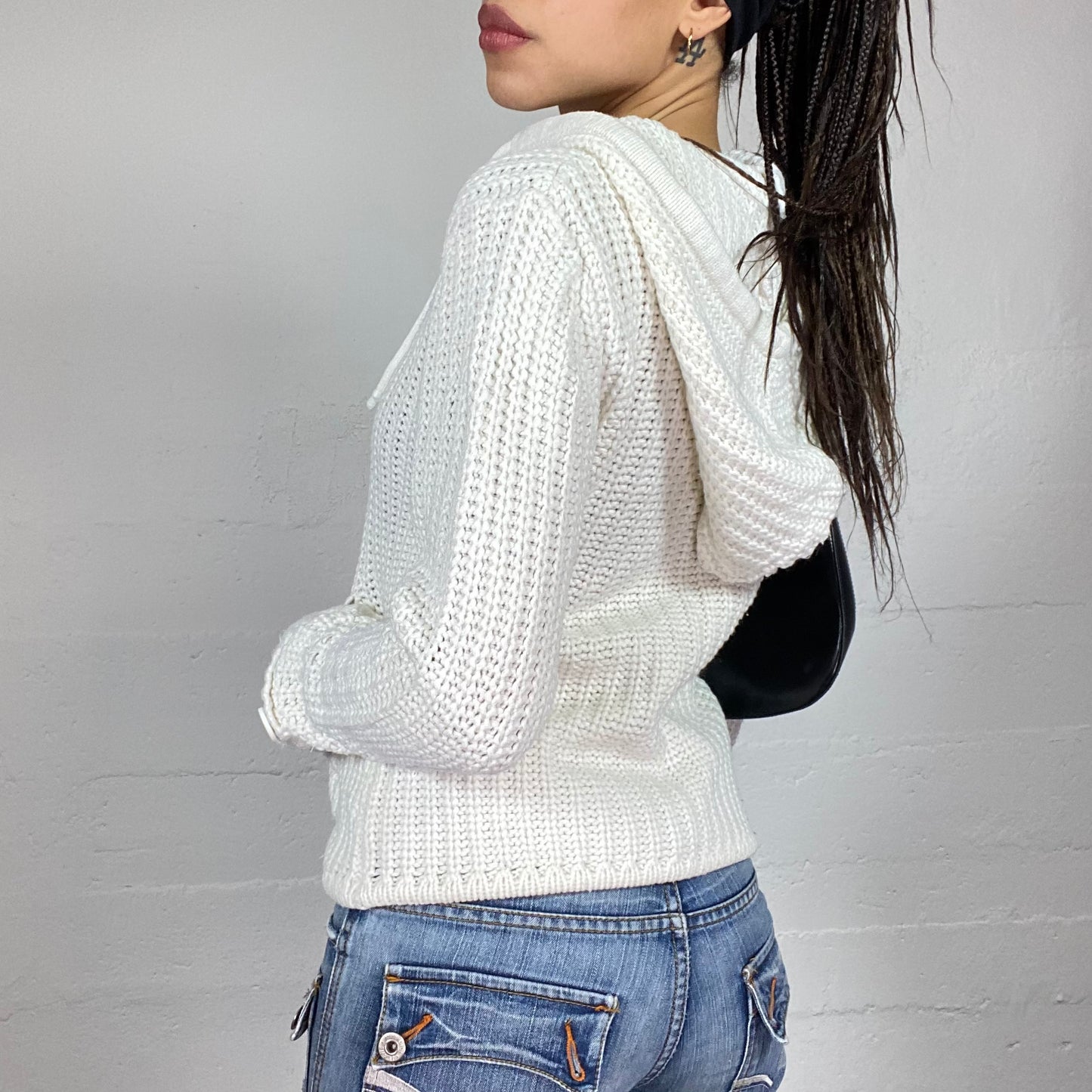 Vintage 2000's Soft Girl White Knitted Pullover with Hood and Button Detail (M)