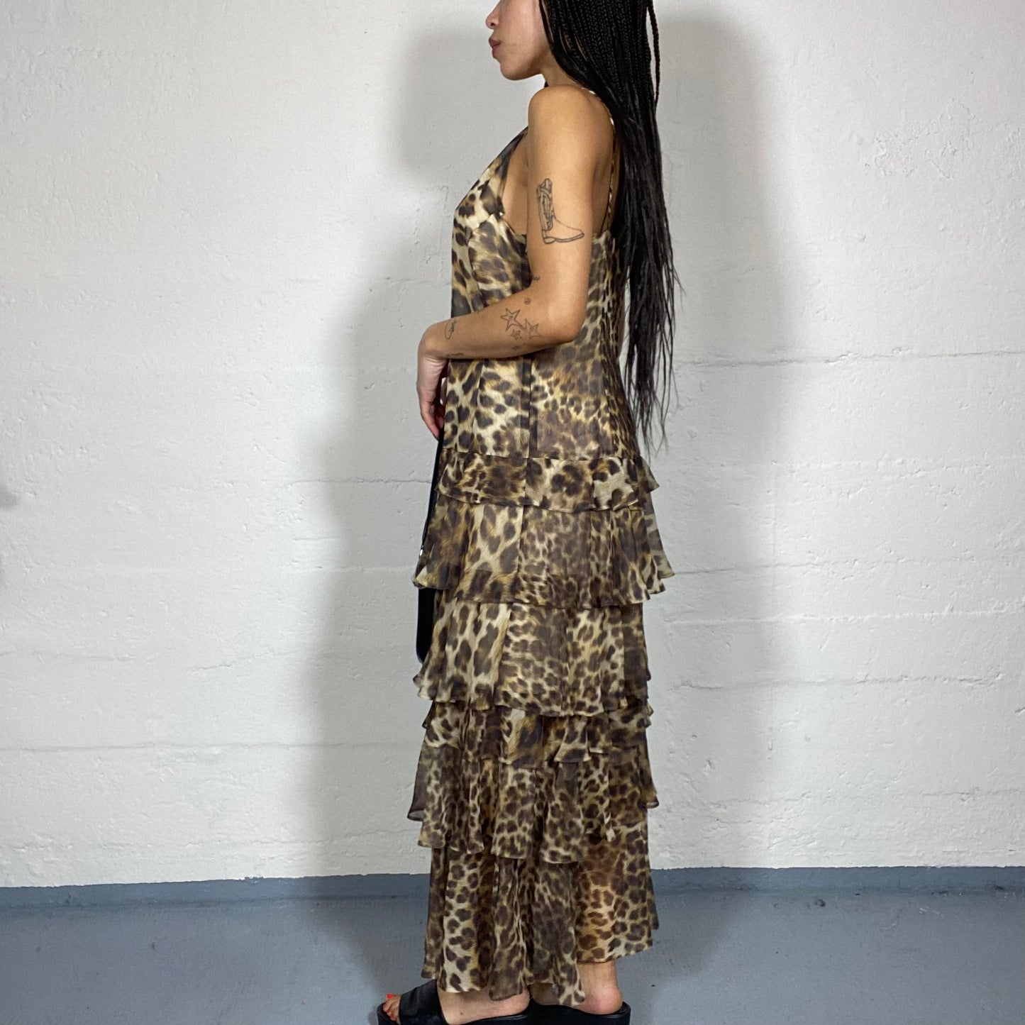 Vintage 90's Janice Brown Maxi Loose Cut Dress with Frilled Bottom and Cheetah Print (M)