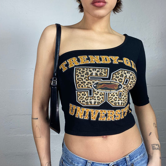 Vintage 2000's Scary Spice Black One Shoulder Top with Cheetah "Trendy-Girl 58 University" Print (S)