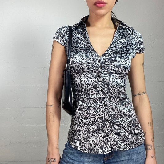 Vintage 2000's Mob Wife Grey Button Up Shirt with Cheetah Print (S)