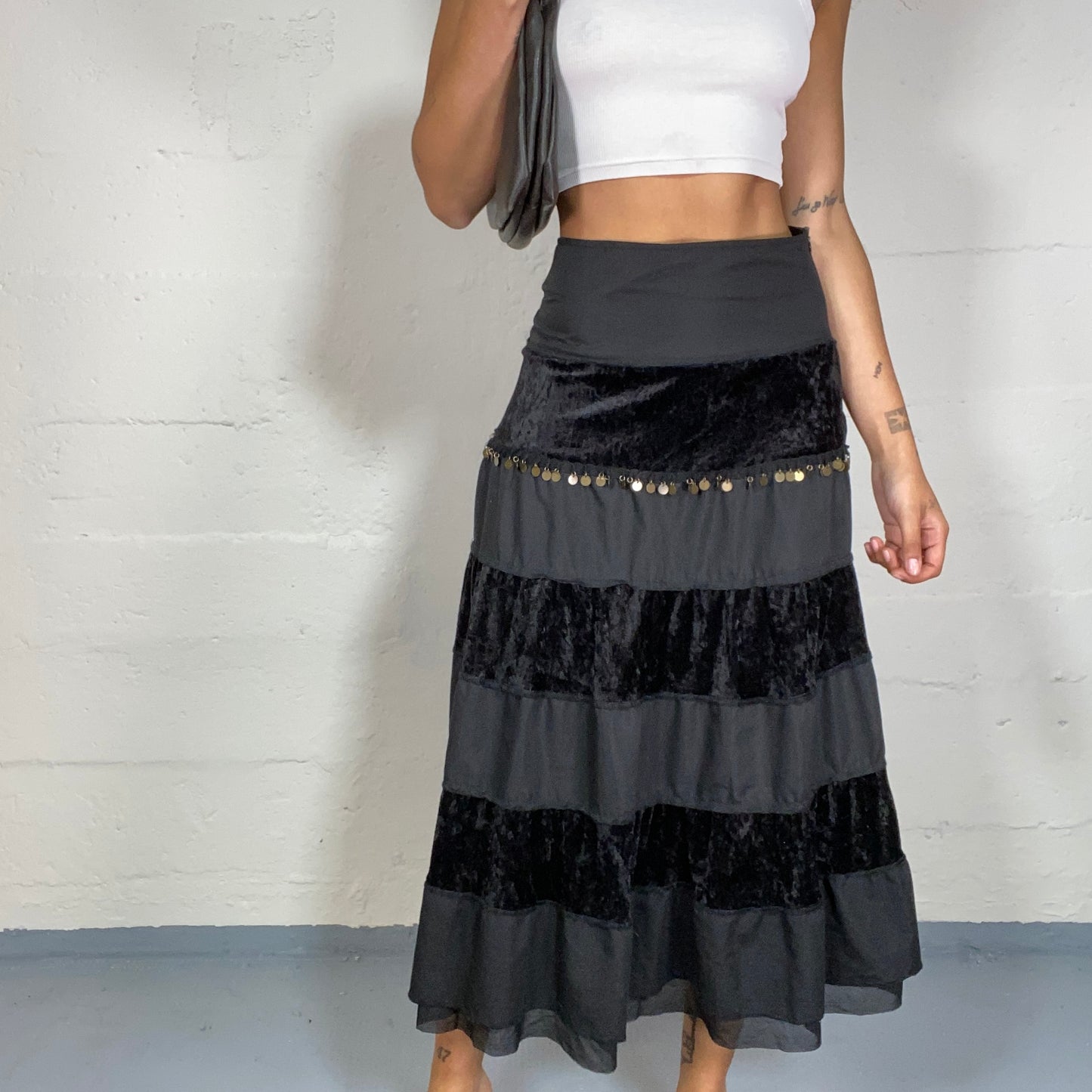 Vintage 90's Indie Black Volant Maxi Skirt with Charms Belt Detail (S)