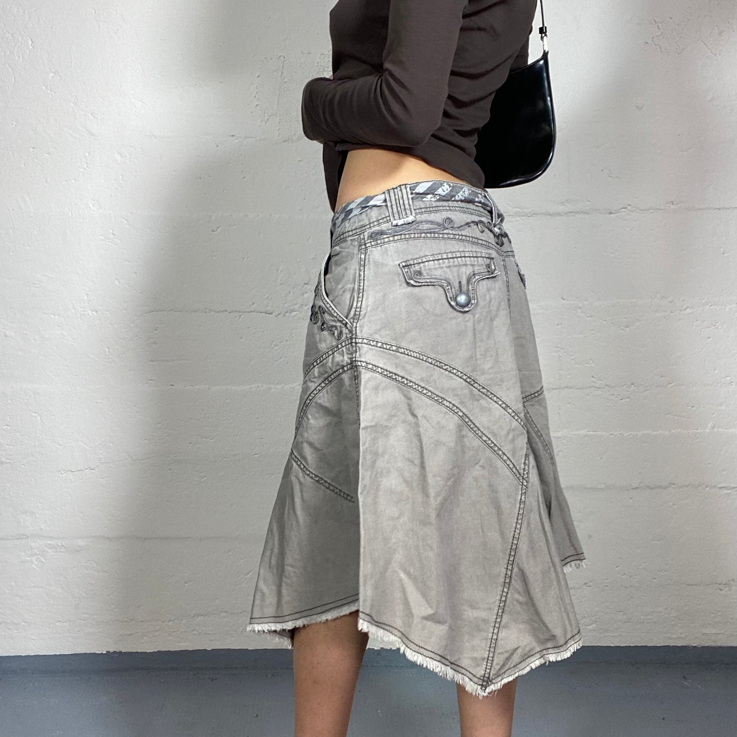 Vintage 2000's Cyber Grey Denim Midi Deconstructed Skirt with Pocket Detail (S)