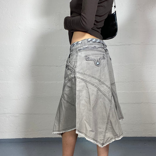 Vintage 2000's Cyber Grey Denim Midi Deconstructed Skirt with Pocket Detail (S)