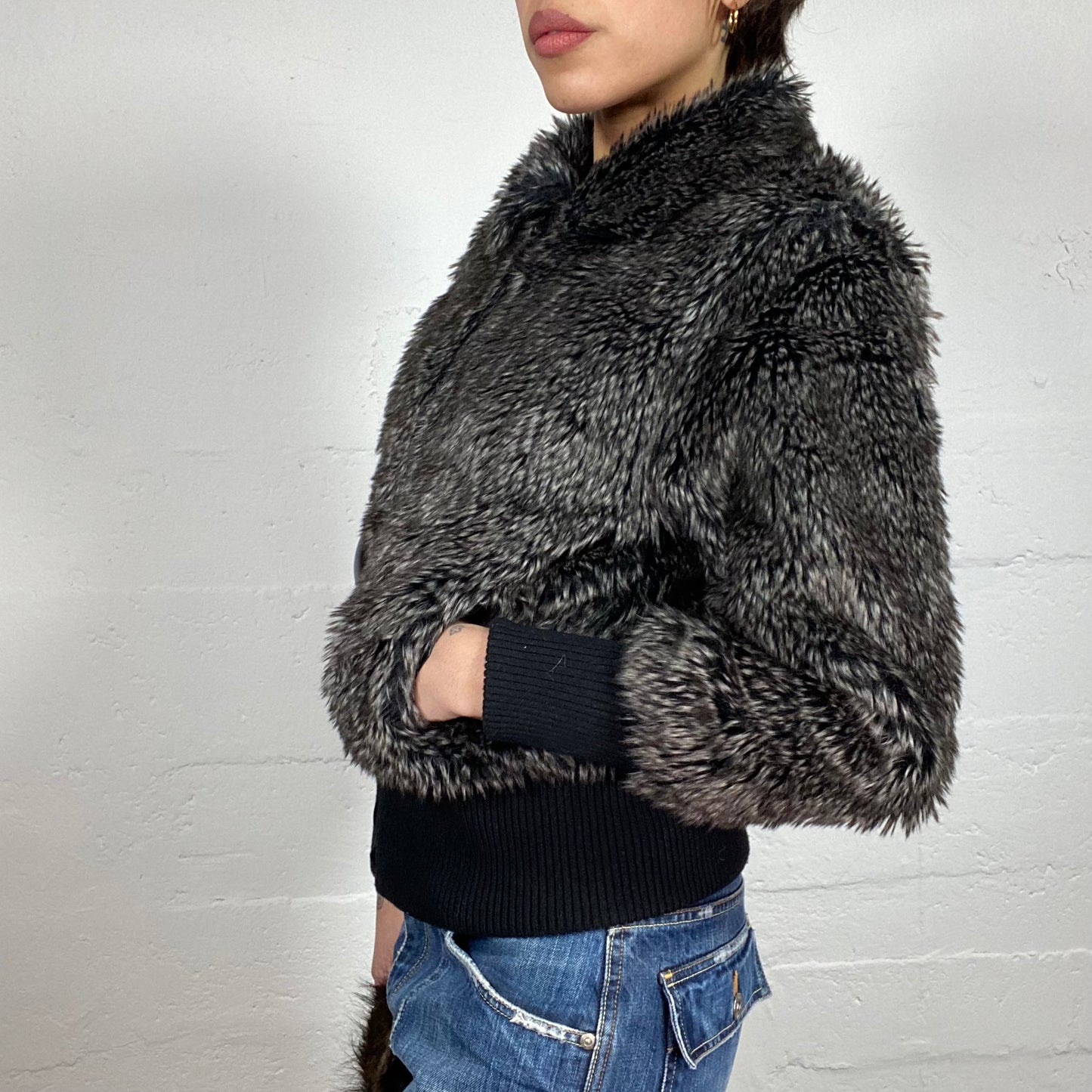 Vintage 2000's Downtown Girl Fur Grey Bomber Jacket with Leather Trims (M)