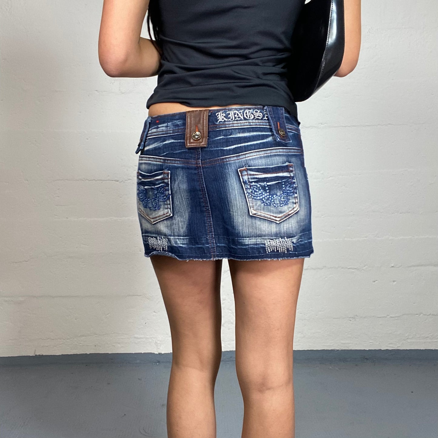 Vintage 2000's Archive Dark Acid Wash Denim Mini Skirt with Leather Details (S)