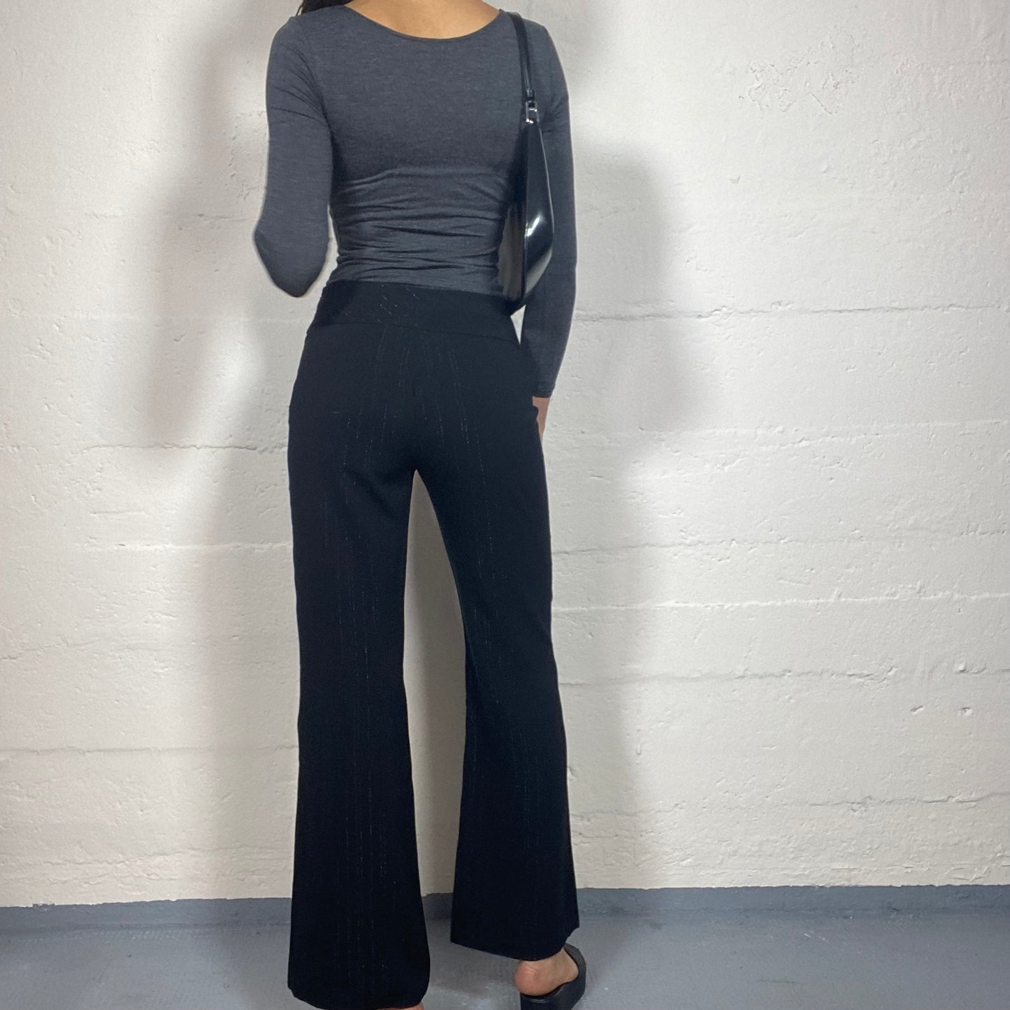 Vintage 2000's Office Black High Waist Pants with Boot Cut and Glitter Pinestripes Print (S)