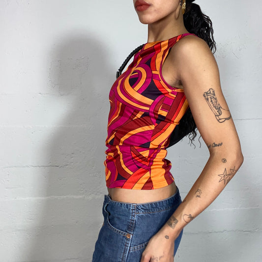 Vintage 2000's Funky Garnet & Orange Top with Wavy 3D Print (S/M)