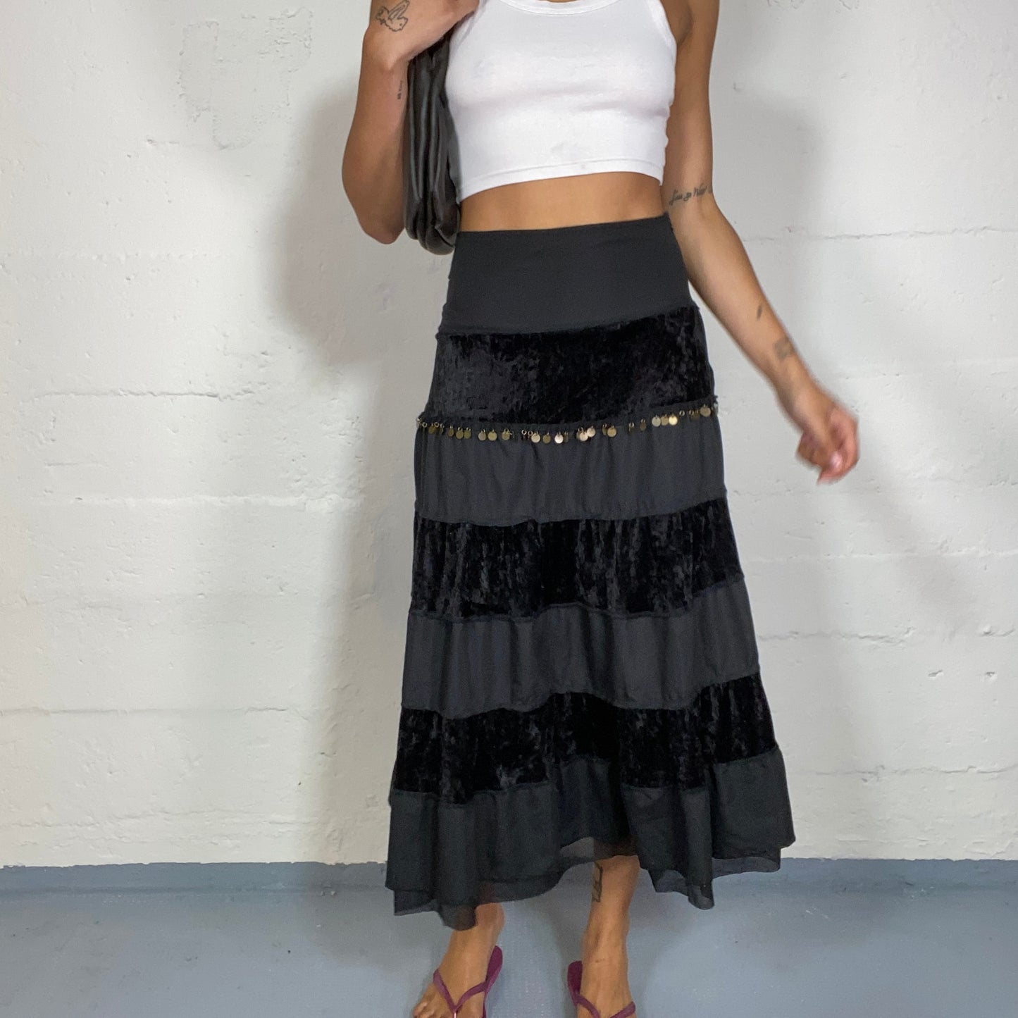 Vintage 90's Indie Black Volant Maxi Skirt with Charms Belt Detail (S)