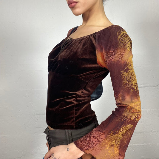 Vintage 90's Phoebe Buffay Brown Velvet Longsleeve Top with Yellow and Garnet Paisley Print Decoration (S)