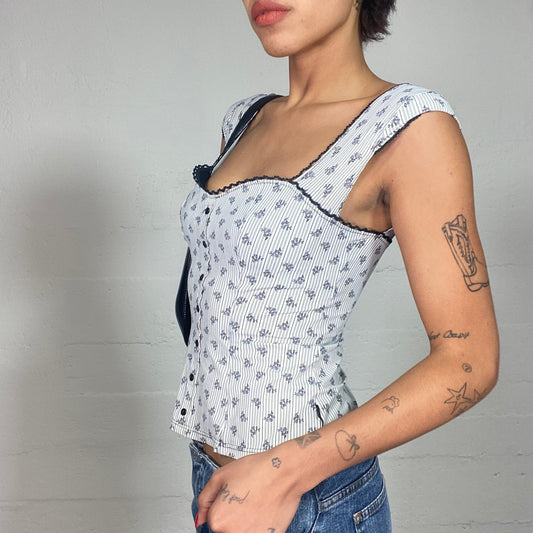 Vintage 2000's Cottage Girl White Corset Top with Blue Floral Print and Lace Trim Detail (S)