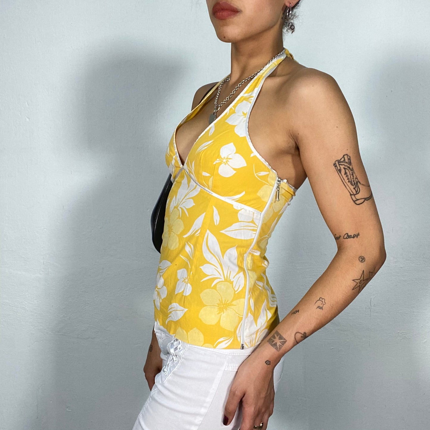 Vintage 90's Surfer Yellow Halter Neck Top with Hibiscus Print (S)