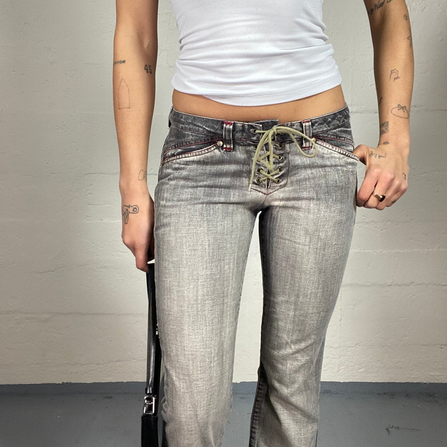 Vintage 2000's Pasión de Gavilanes Grey Boot Leg Pants with Khaki Lace Up Detail (S)