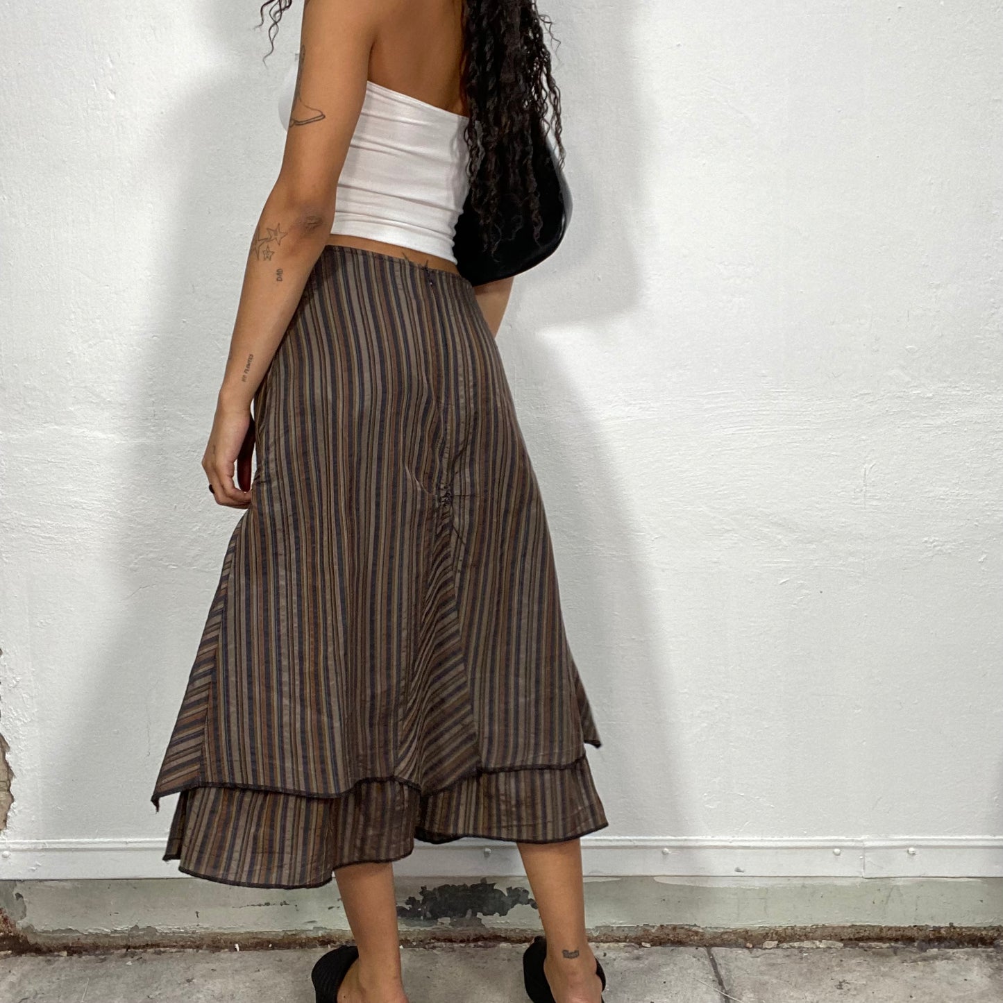 Vintage 2000's Archive Girl Brown Layered Midi Skirt with Tonal Stripes (S)