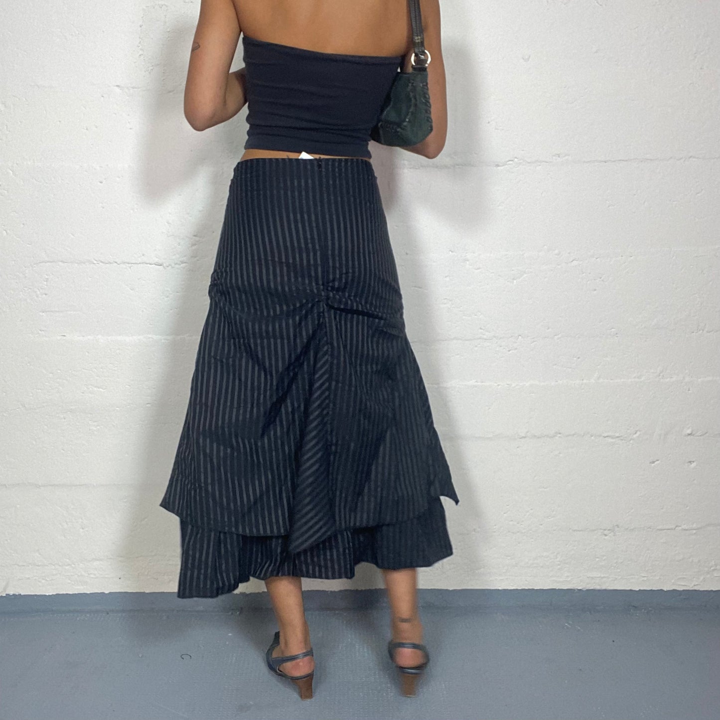 Vintage 2000's Cyber Black Maxi Skirt with Pinestripes and Layered Deconstructed Cut (S)