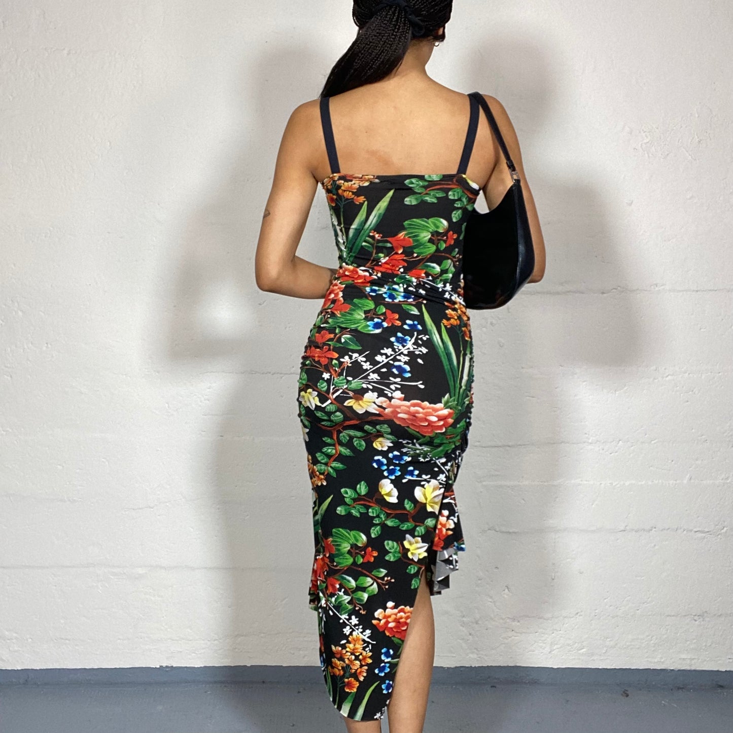 Vintage 2000's Itialian Summer Black Bodycon Dress with Green and Red Maxi Floral Print (S)