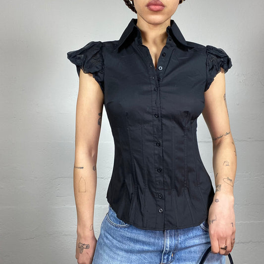 Vintage 2000's Corpcore Black Shirt Top with Balloon Short Sleeves Detail (S)
