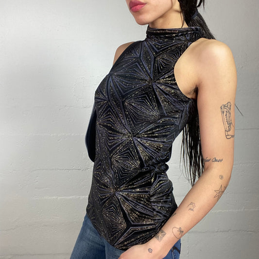 Vintage 2000's Clubwear Black Top with Strass Covering Star Shaped Print (S/M)