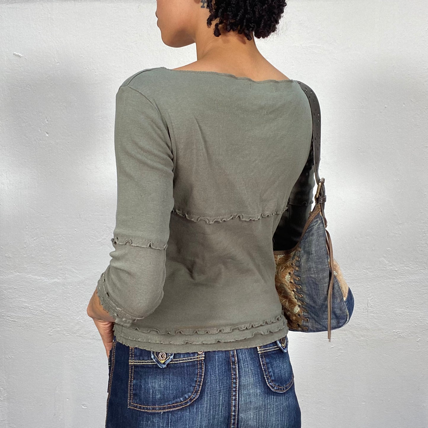 Vintage 90's Grunge Khaki Ruffle Layered Top with Lace Up Detail (M)