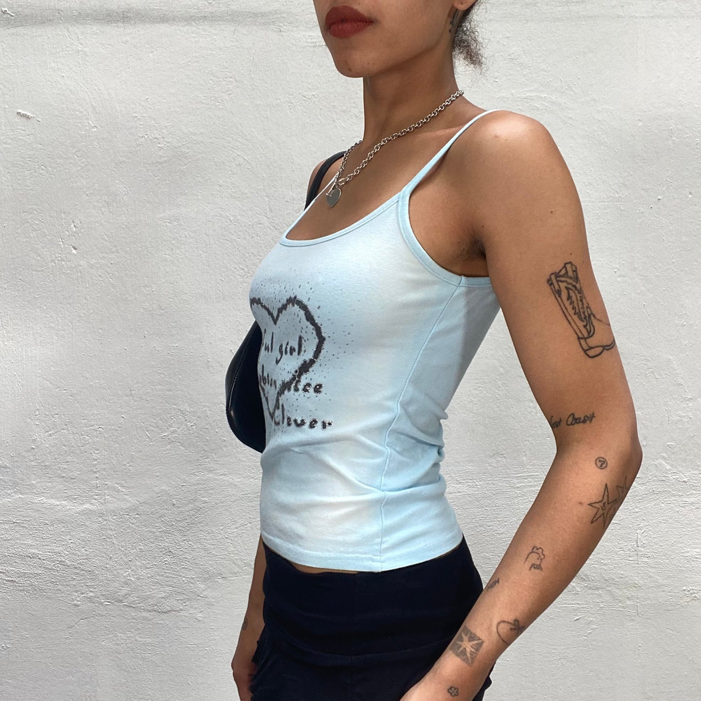 Vintage 2000's Summer Baby Blue Top with Heart Graffiti Print (S)