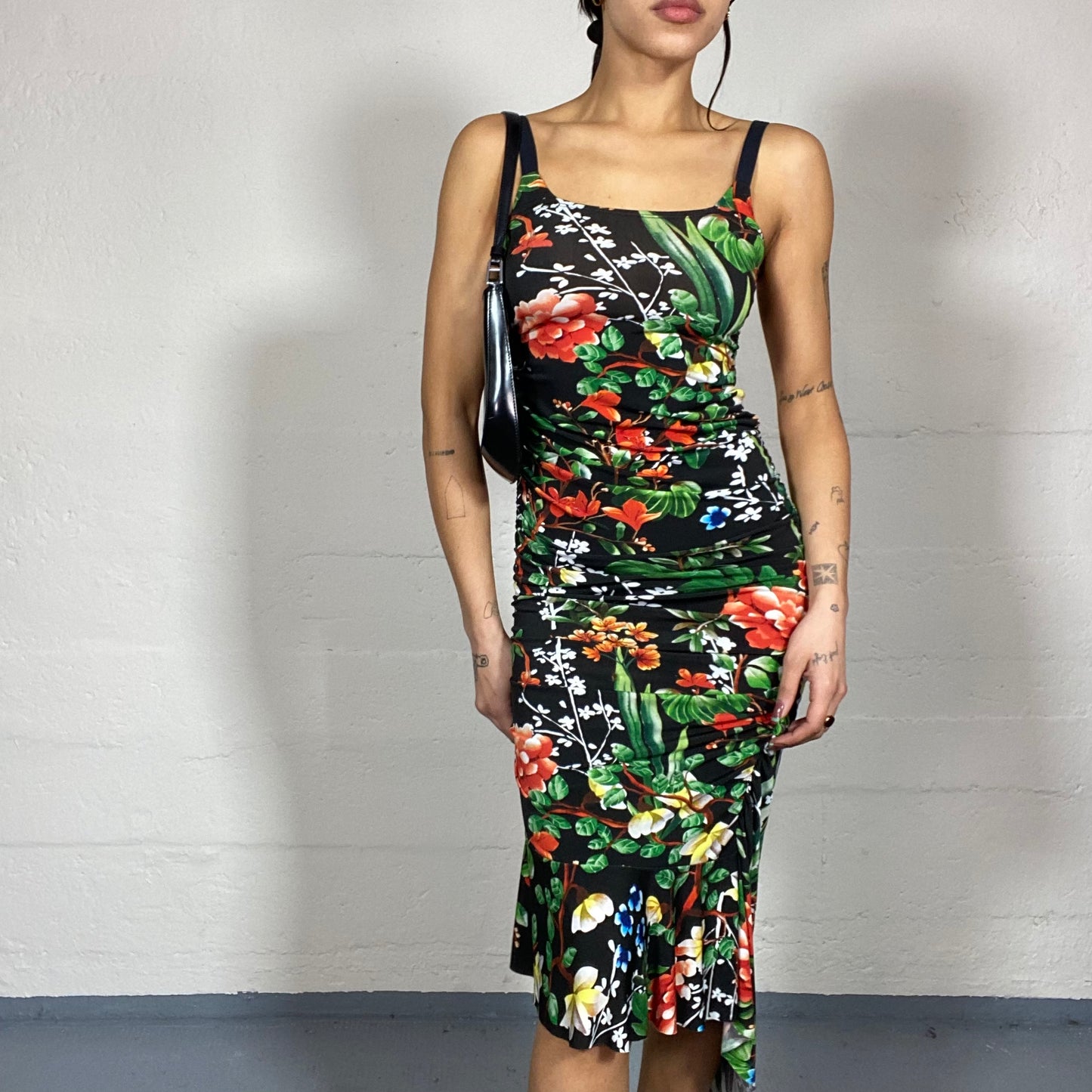 Vintage 2000's Itialian Summer Black Bodycon Dress with Green and Red Maxi Floral Print (S)