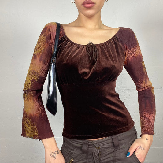 Vintage 90's Phoebe Buffay Brown Velvet Longsleeve Top with Yellow and Garnet Paisley Print Decoration (S)