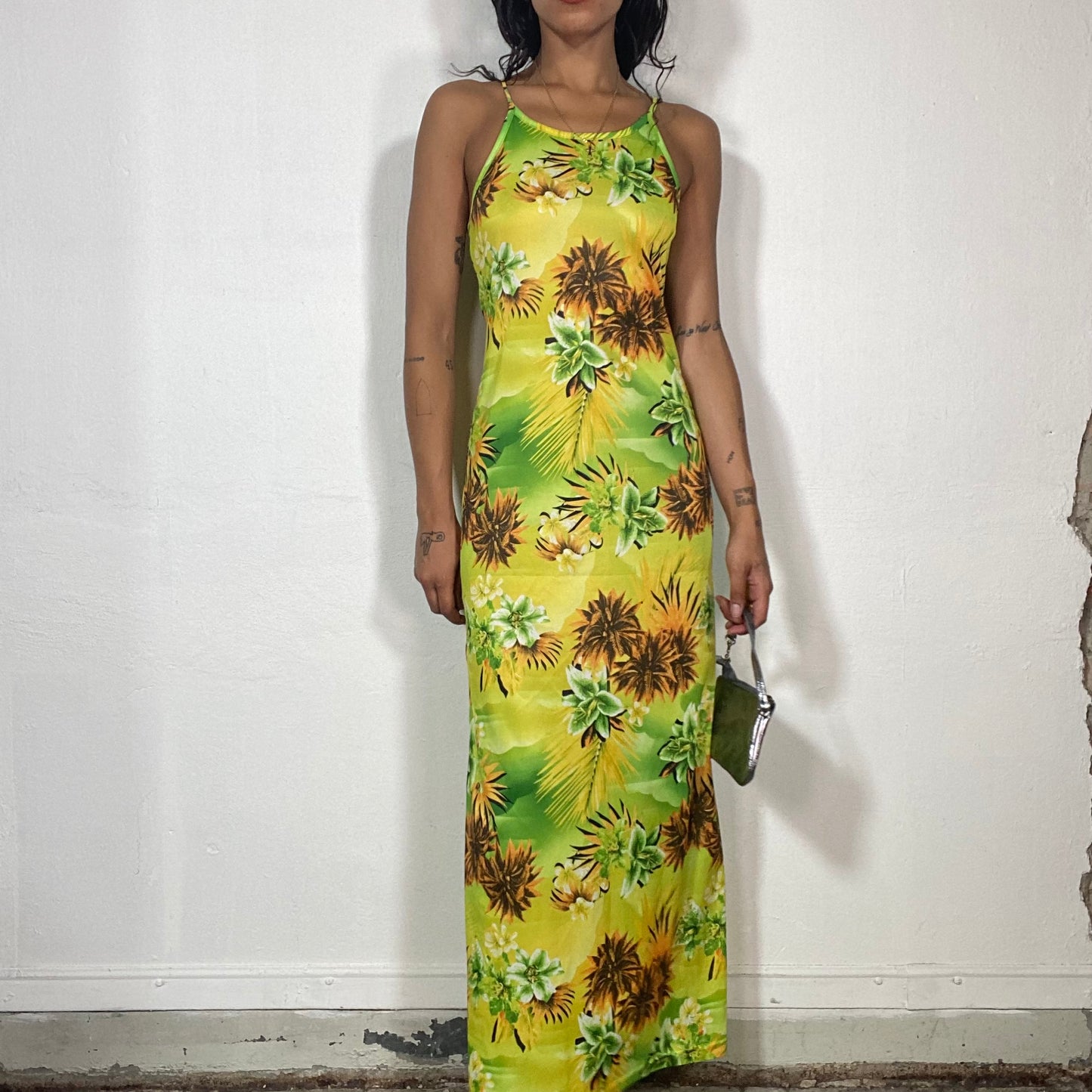 Vintage 2000's Summer Yellow Maxi Dress with Tropical Palm Trees Print (M)