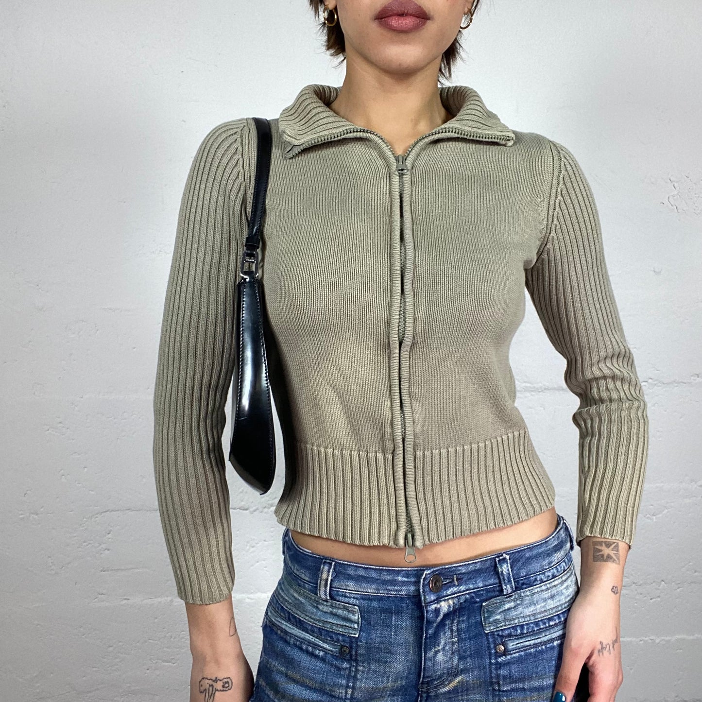 Vintage 2000's Grunge Khaki Zip Up Sweater with Knitted Material (S)