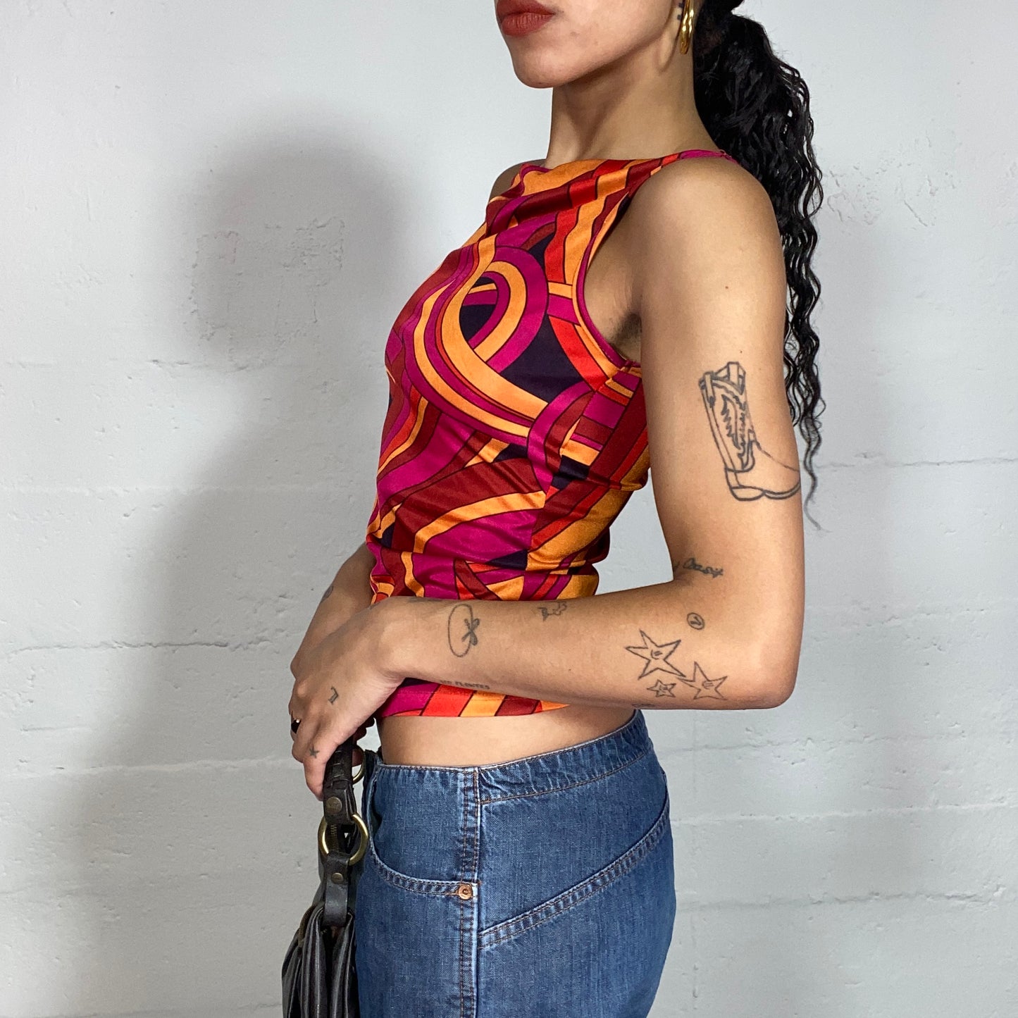 Vintage 2000's Funky Garnet & Orange Top with Wavy 3D Print (S/M)