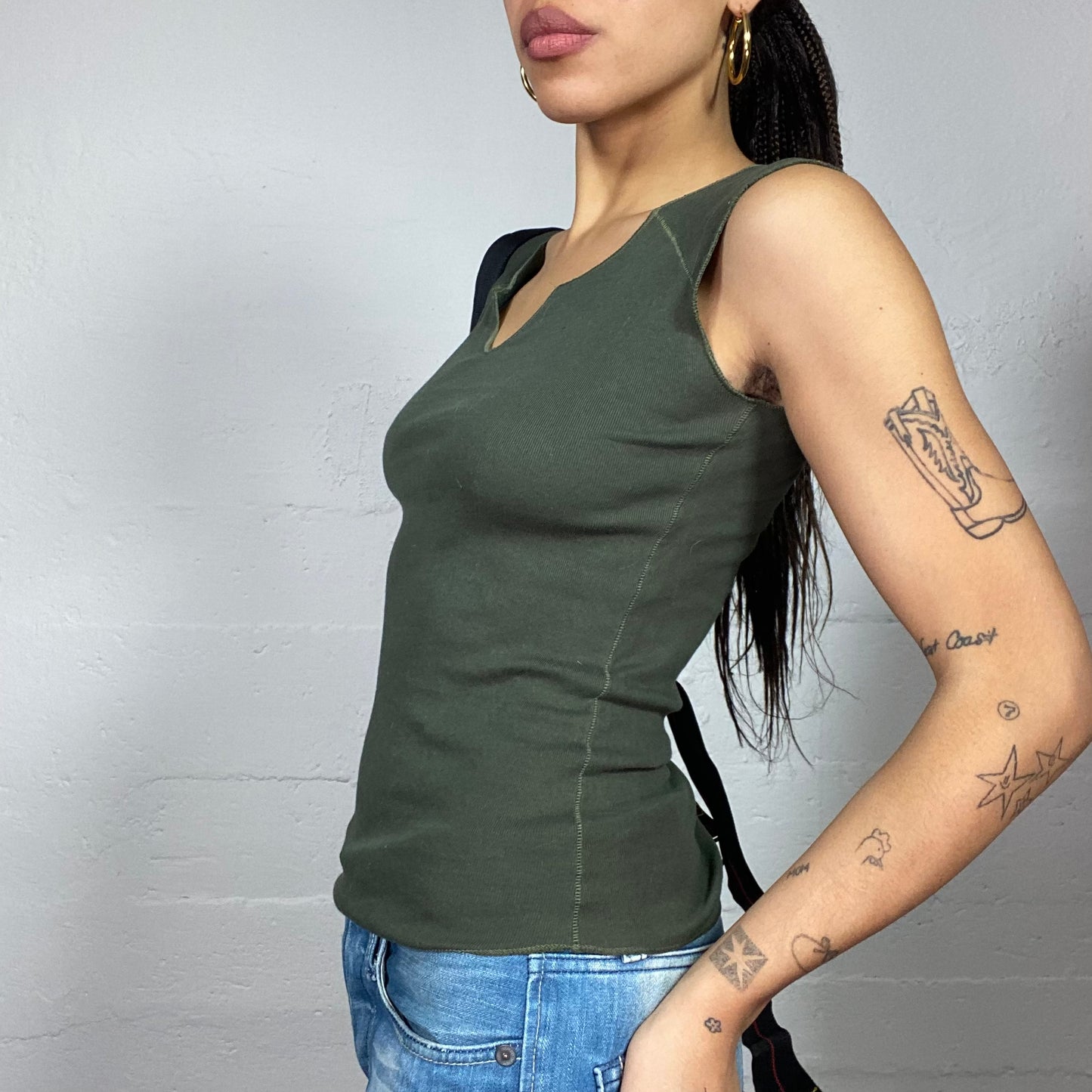 Vintage 2000's Rave Khaki V-Neck Top (S)