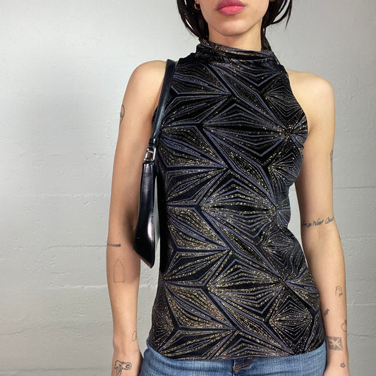 Vintage 2000's Clubwear Black Top with Strass Covering Star Shaped Print (S/M)