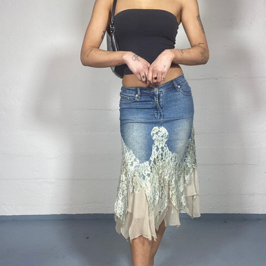 Vintage 2000's Fairy Denim Midi Skirt with Deconstructed Beige Lace Material Detail (S)