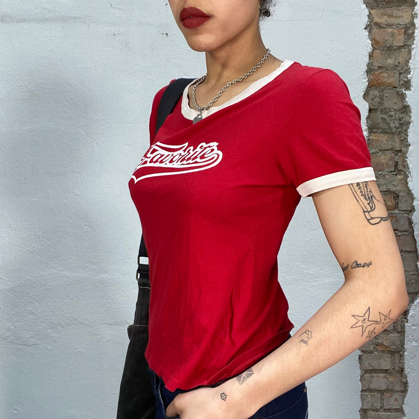 Vintage 2000's Downtown Girl Red Baby Tee with White Trim and 'Favorite' Print (M)