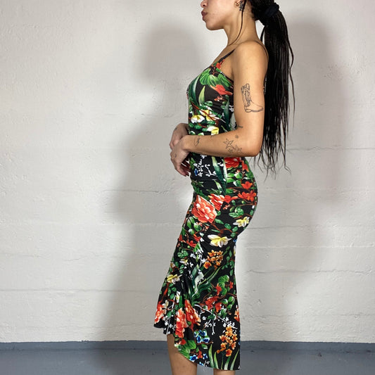 Vintage 2000's Itialian Summer Black Bodycon Dress with Green and Red Maxi Floral Print (S)