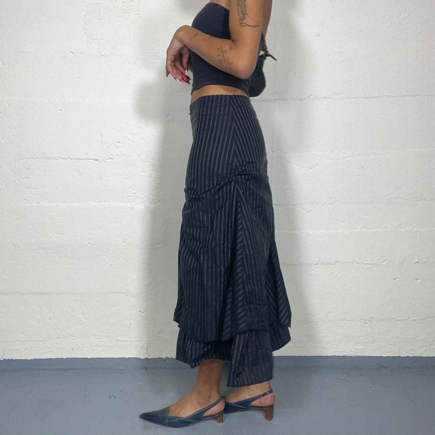 Vintage 2000's Cyber Black Maxi Skirt with Pinestripes and Layered Deconstructed Cut (S)