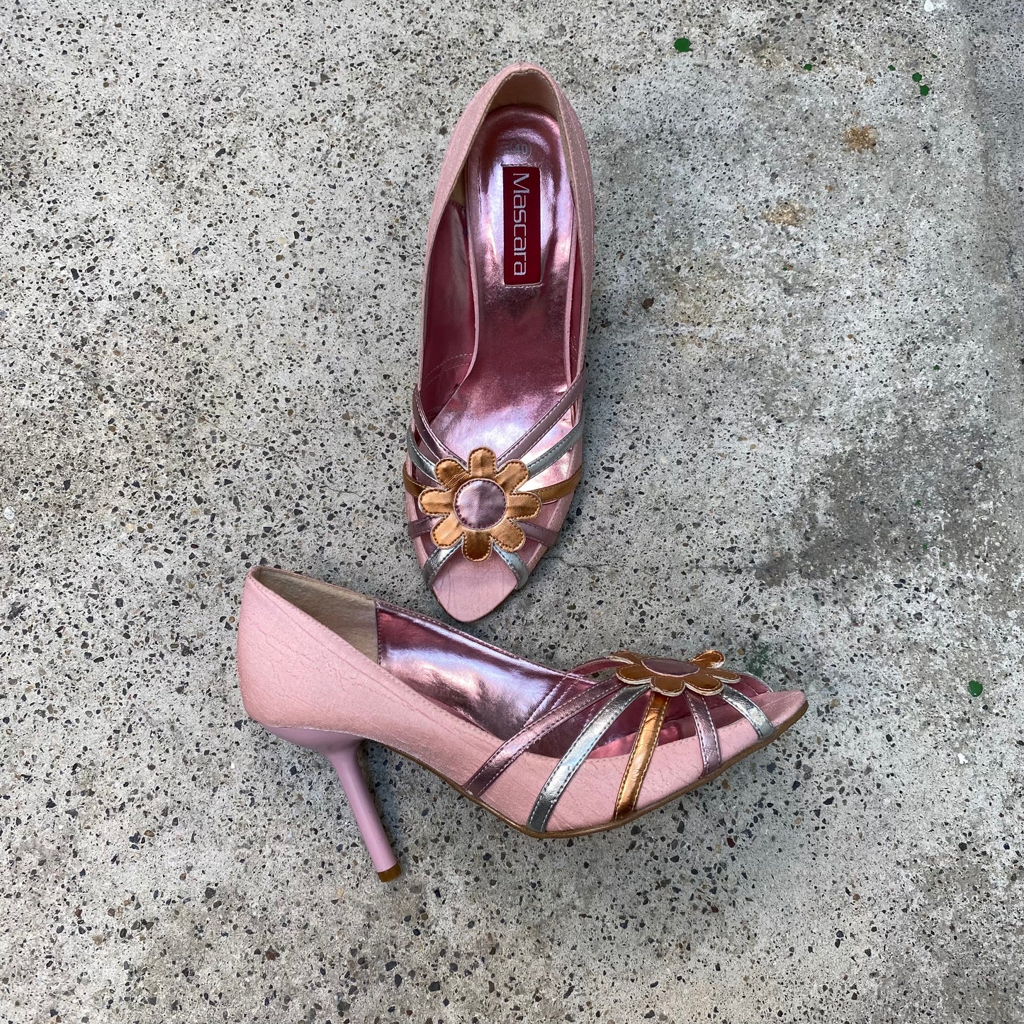 Vintage 2000's Night Out Pink Shimmery Pumps with Flower Detail (40)