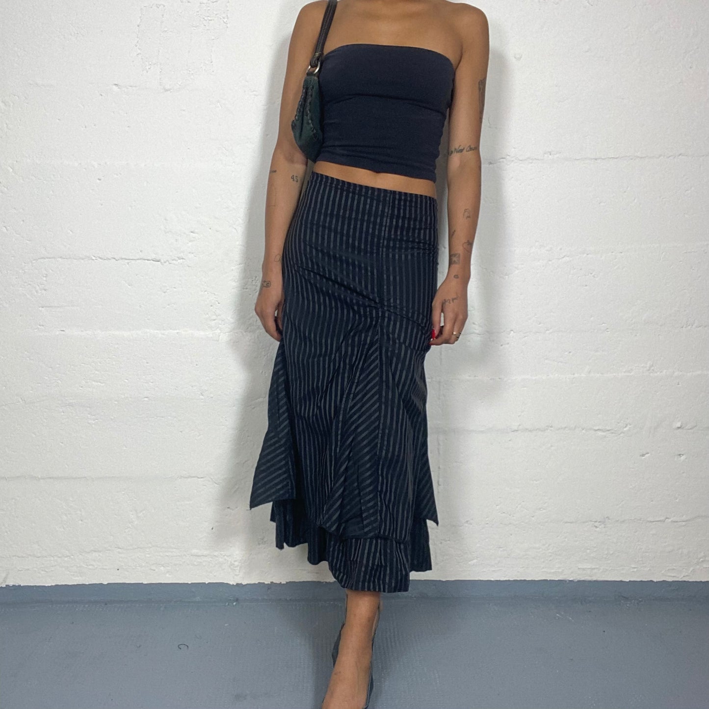 Vintage 2000's Cyber Black Maxi Skirt with Pinestripes and Layered Deconstructed Cut (S)