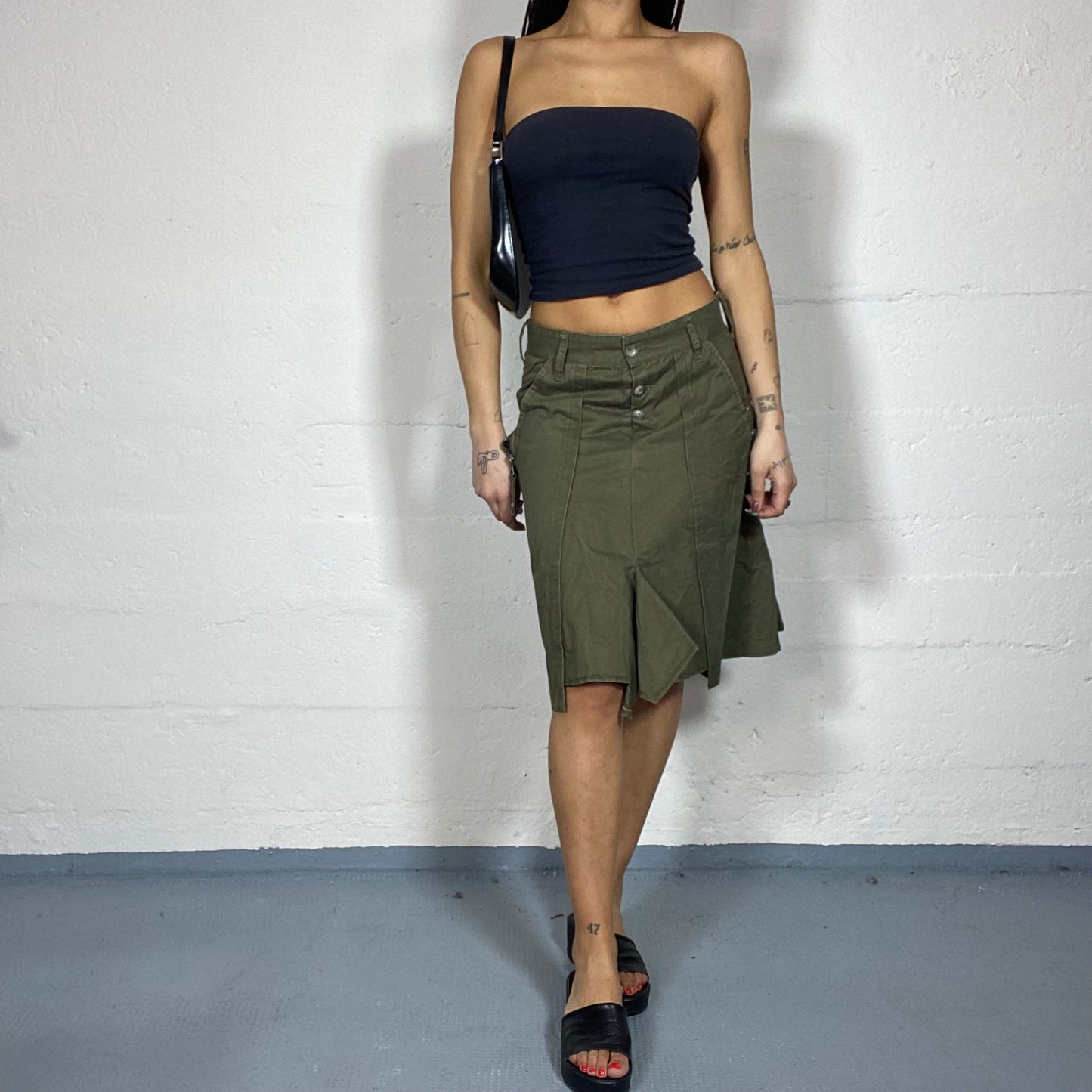 Vintage 2000's Marithé + François Girbaud Grunge Khaki Cargo Midi Skirt with Pleaded Cut (S)