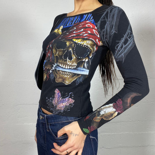 Vintage 2000's Downtown Girl Black Longsleeve Top with Pirate Tattoo Print (S)