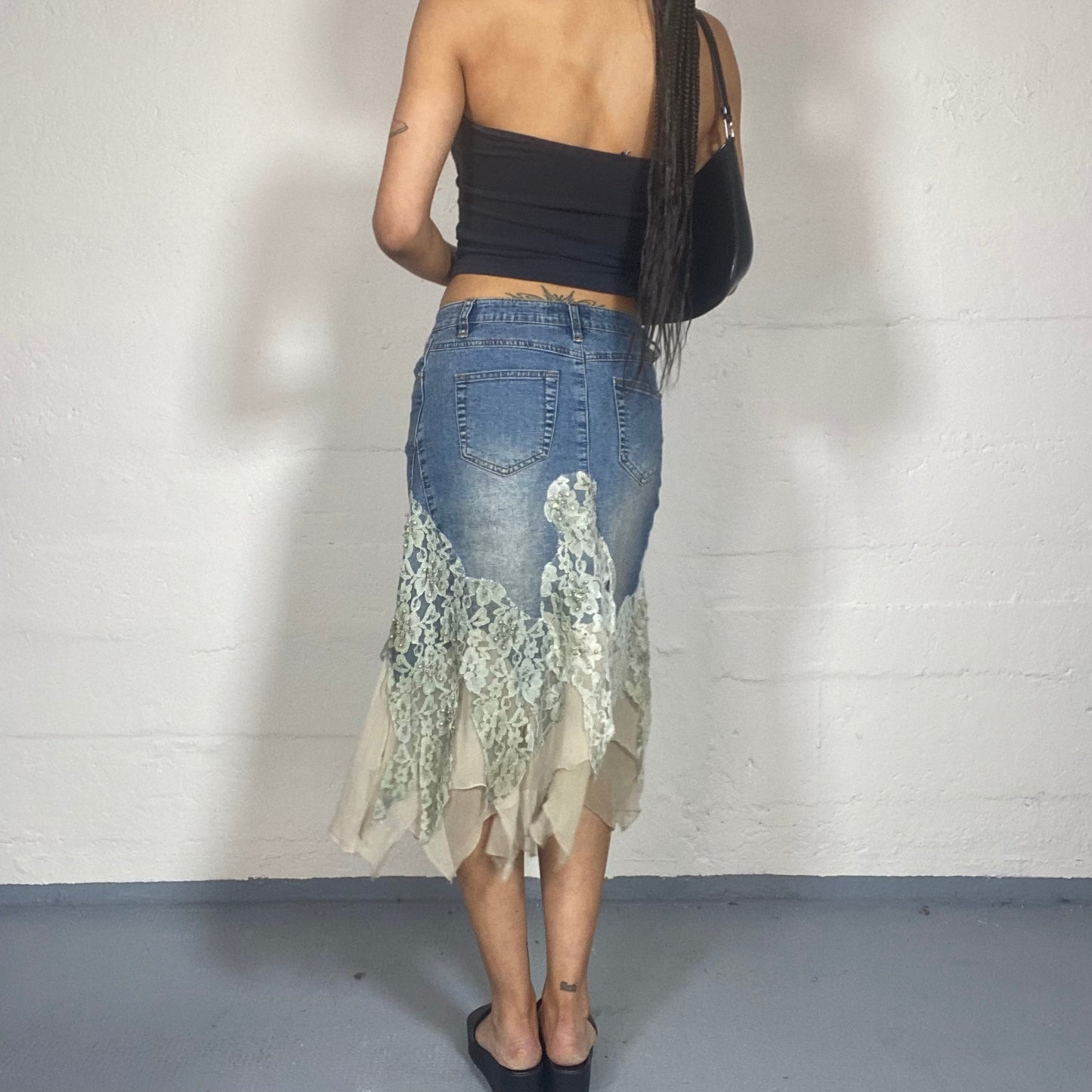 Vintage 2000's Fairy Denim Midi Skirt with Deconstructed Beige Lace Material Detail (S)