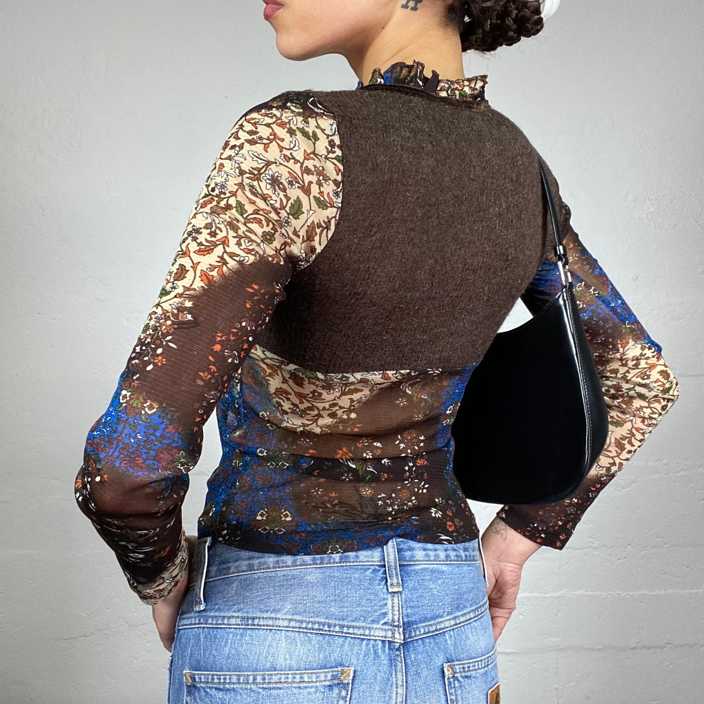 Vintage 90's Whimsigoth Brown and Blue Mesh Longsleeve Top with Crochet Detail (M)