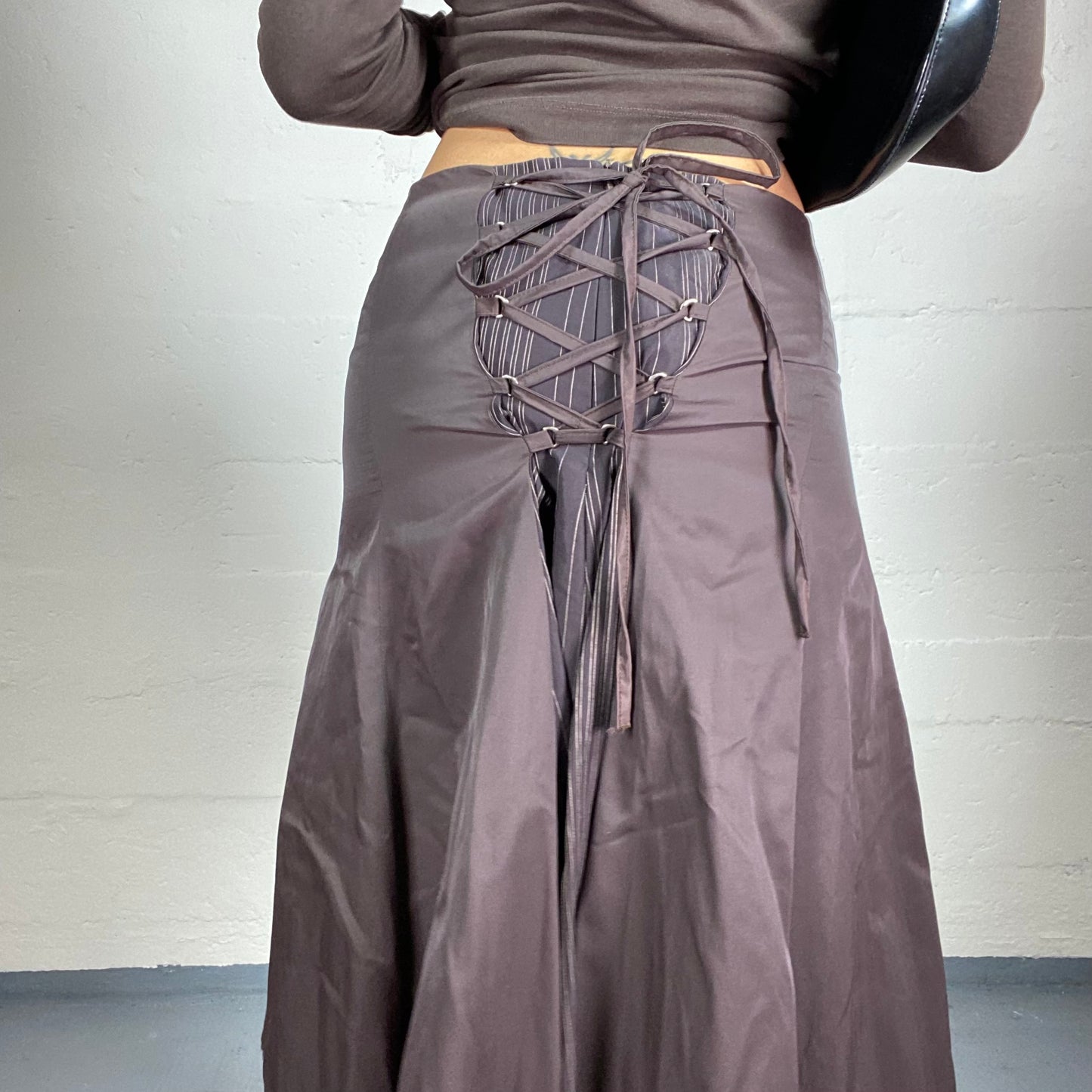 Vintage 2000's Cyber Brown Midi Tulip Skirt with Back Lacing Up Work Detail (S)