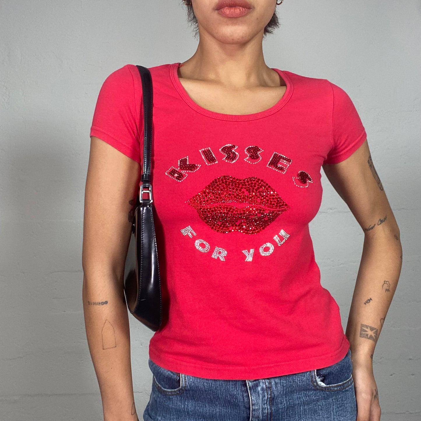 Vintage 2000's Downtown Girl Top with "Kisses for You" Rhinestones Detail and Open Back (S/M)