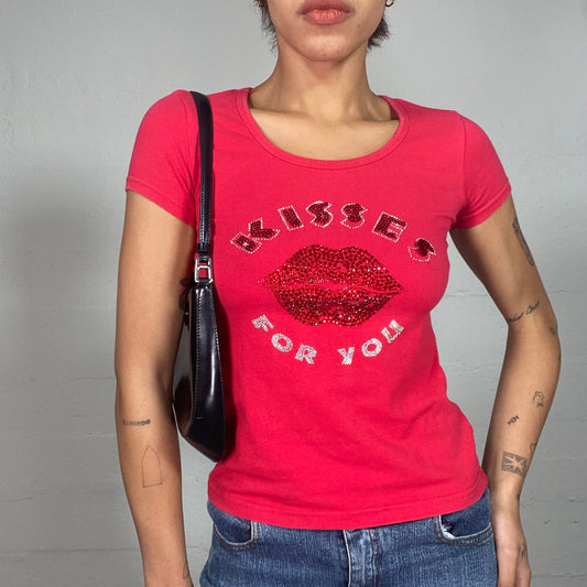 Vintage 2000's Downtown Girl Top with "Kisses for You" Rhinestones Detail and Open Back (S/M)