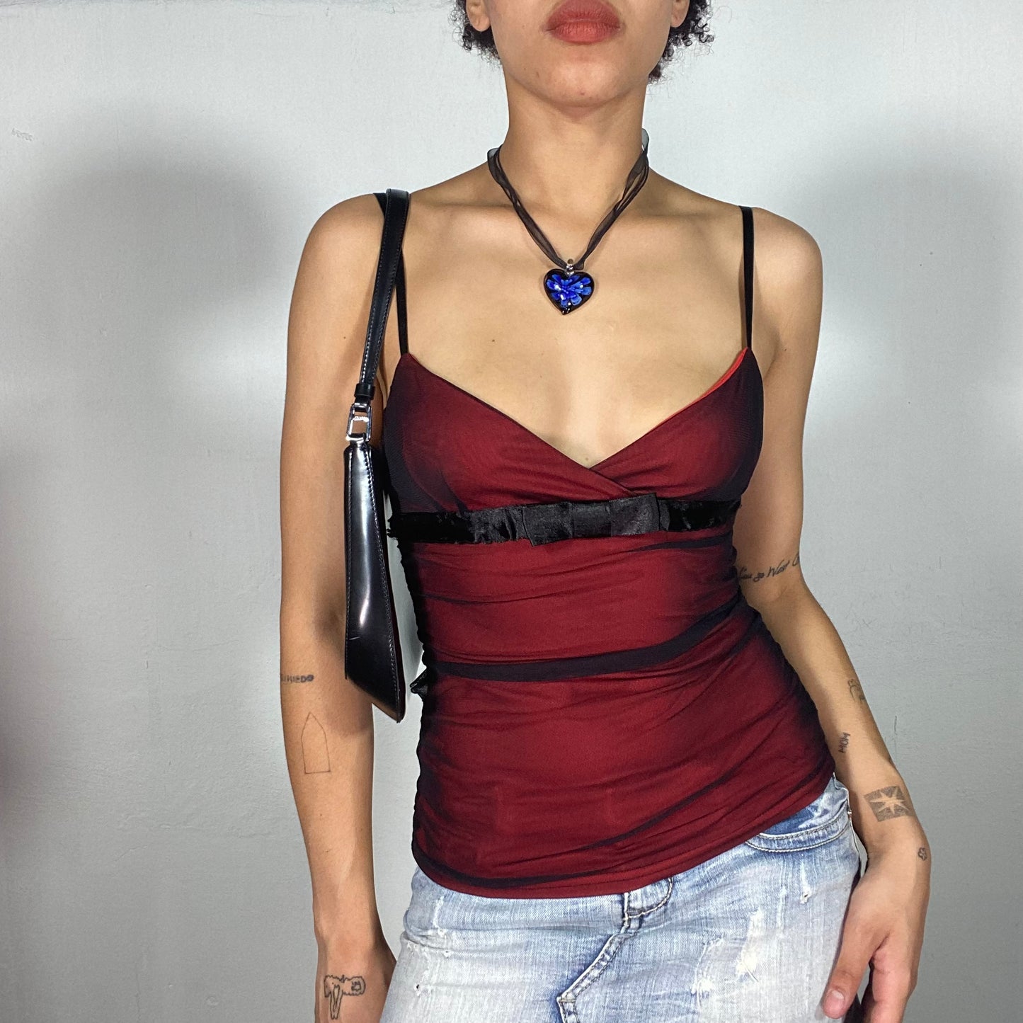 Vintage 2000's Gothic Black and Red Mesh Cami Top with Bow Detail (S)