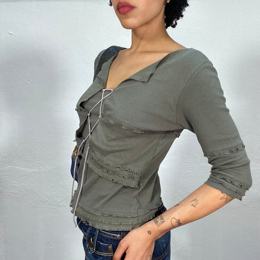 Vintage 90's Grunge Khaki Ruffle Layered Top with Lace Up Detail (M)